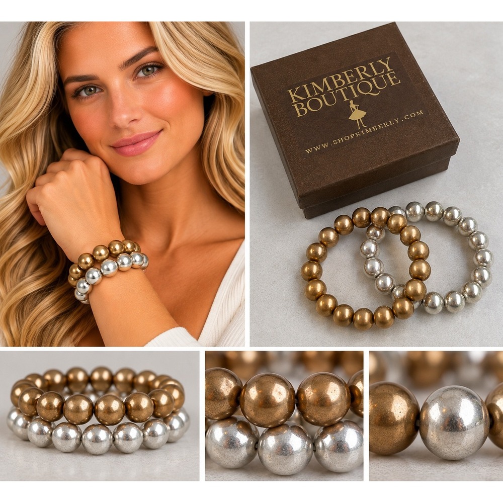 Kimberly Boutique Bracelet Women OS Gold Silver Beaded Stretch Set Stackable C76